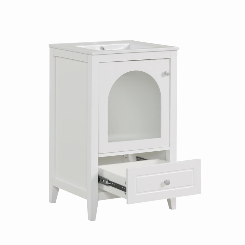 Meuble-lavabo de salle de bain avec lavabo, armoire de salle de bain avec porte en verre à fermeture douce, un tiroir,, Blanc