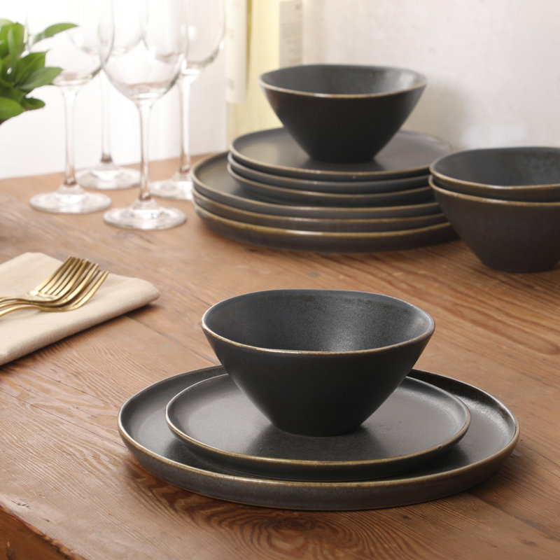 Ensembles d'assiettes et de bols Gibson Elite Coastal Forest, ensembles de vaisselle en grès 12 pièces, ensemble de vaisselle triple glaçure réactive - noir