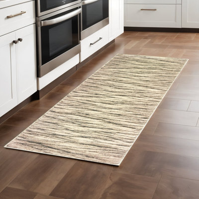 Tapis de couloir abstrait 2 pi x 8 pi ivoire sable et frêne tissé à la machine