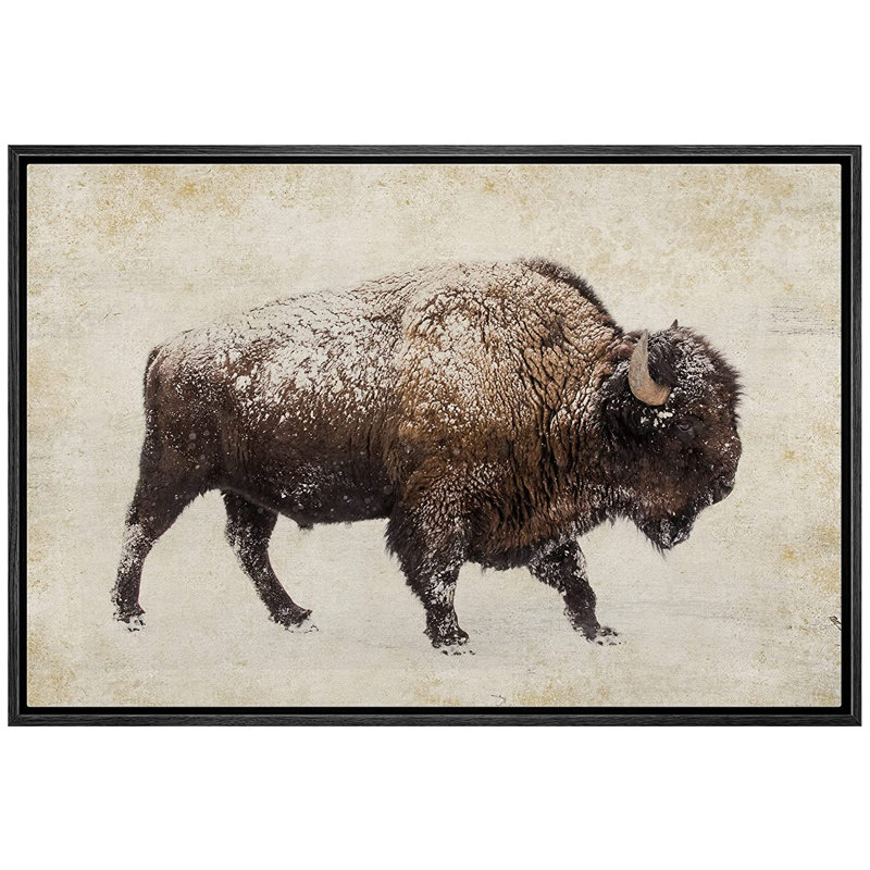Sépia double exposition Buffalo Bison, art mural rustique, décor de ferme encadré sur toile, H 24 po x l 36 po, Noir