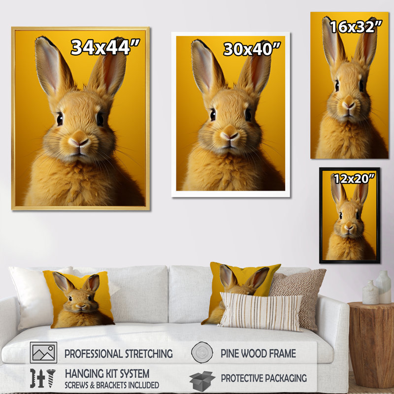 Lapin jaune fantaisiste sur toile, Toile tendue, H 44 po x l 34 po x P 1,5 po