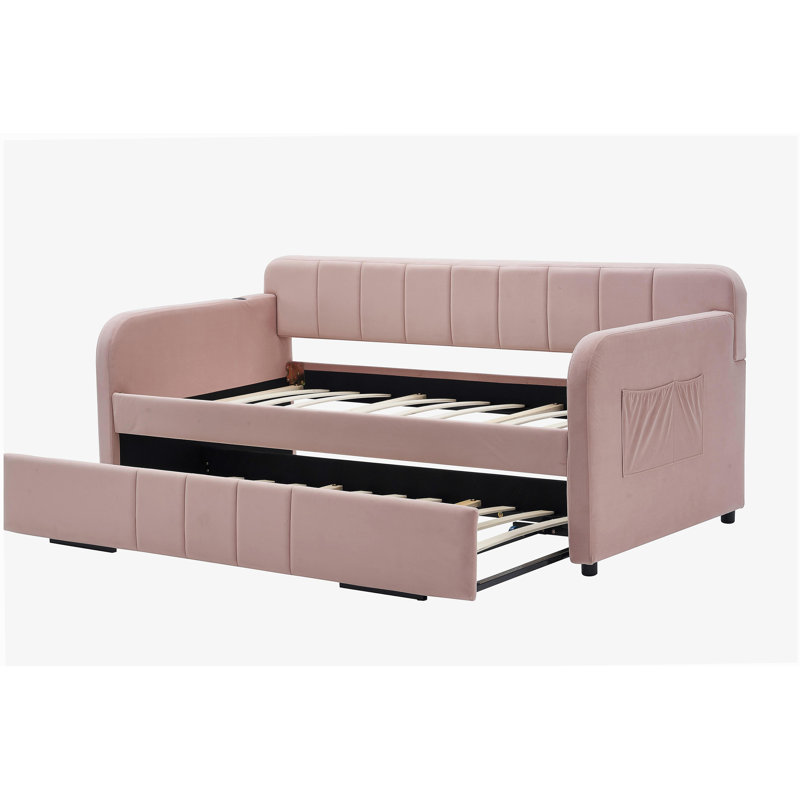 Structure de lit de jour simple rembourrée avec lit gigogne, canapé-lit simple pour chambre à coucher, support à lattes de bois, rose