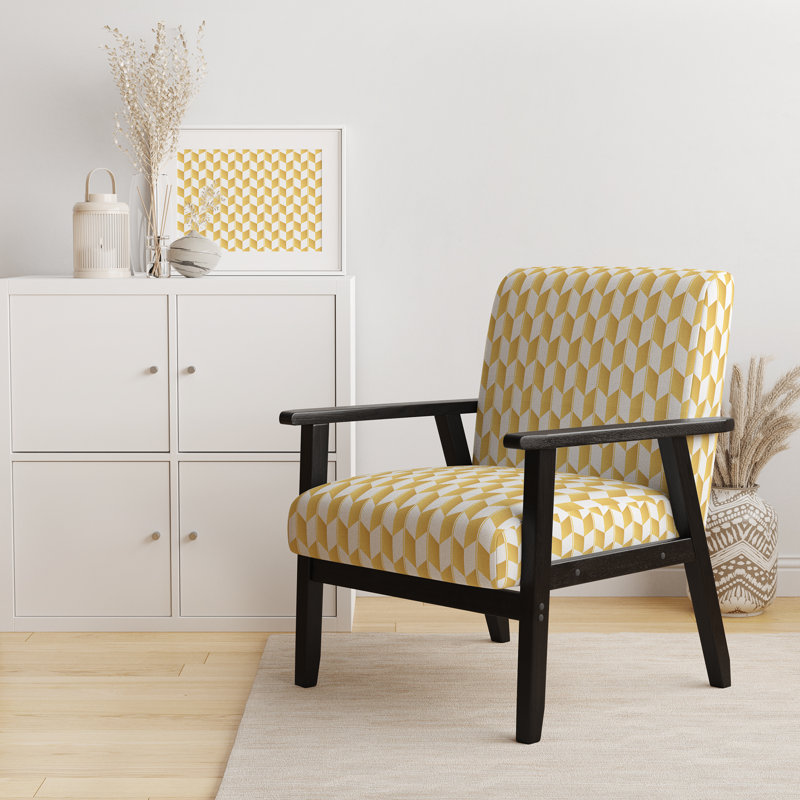 Dola - Fauteuil d'appoint rembourré Mid-Century à motif géométrique doré et blanc I, Accoudoirs carrés noirs