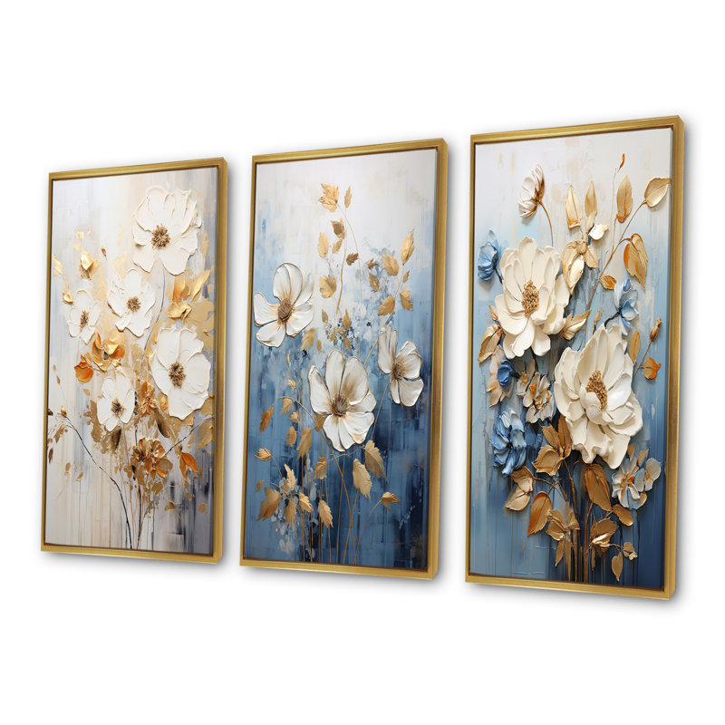 Ensemble de salon mural beige et bleu avec fleurs saisonnières, Cadre flottant doré, H 32 po x l 48 po