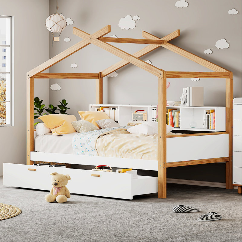 Lit moderne, cadre de lit en bois avec tiroirs et tablette de rangement