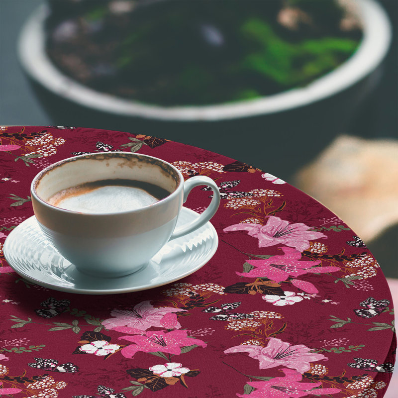 Ebern Designs Floral Fitted Round Tablecloth Maroon Multicolor, 47.24" Round