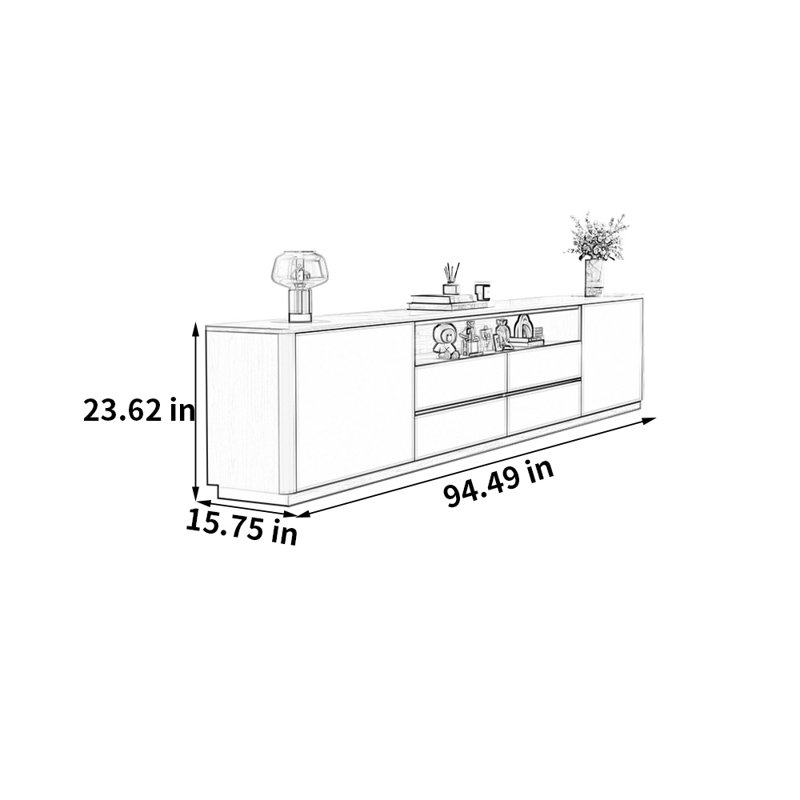 Meuble télé moderne en pierre frittée minimaliste, H 23,62 po x L 94,49 po x l 15,75 po