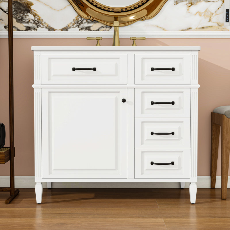 Meuble-lavabo avec lavabo, tiroirs et tablette réglable, Blanc