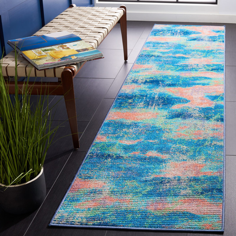 Tapis abstrait bleu, Tapis de couloir 2 pi 2 po x 9 pi
