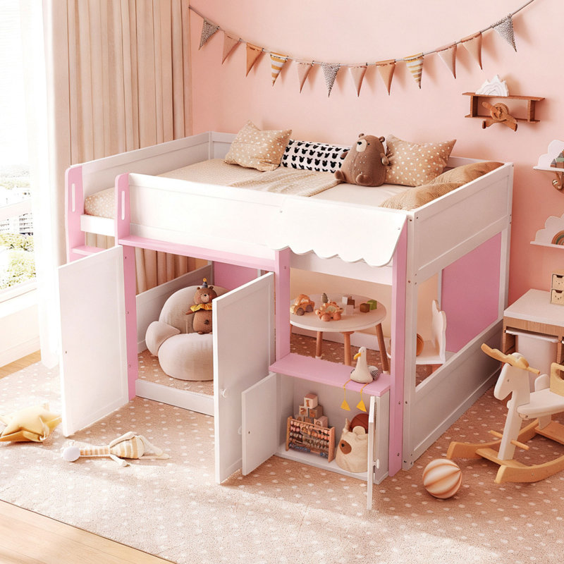 Lit mezzanine double avec maisonnette et rangement, Blanc / Rose