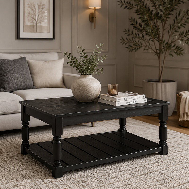 Table basse en bois avec tablette inférieure à lattes, table basse rectangulaire à pieds en bois massif tourné, table centrale