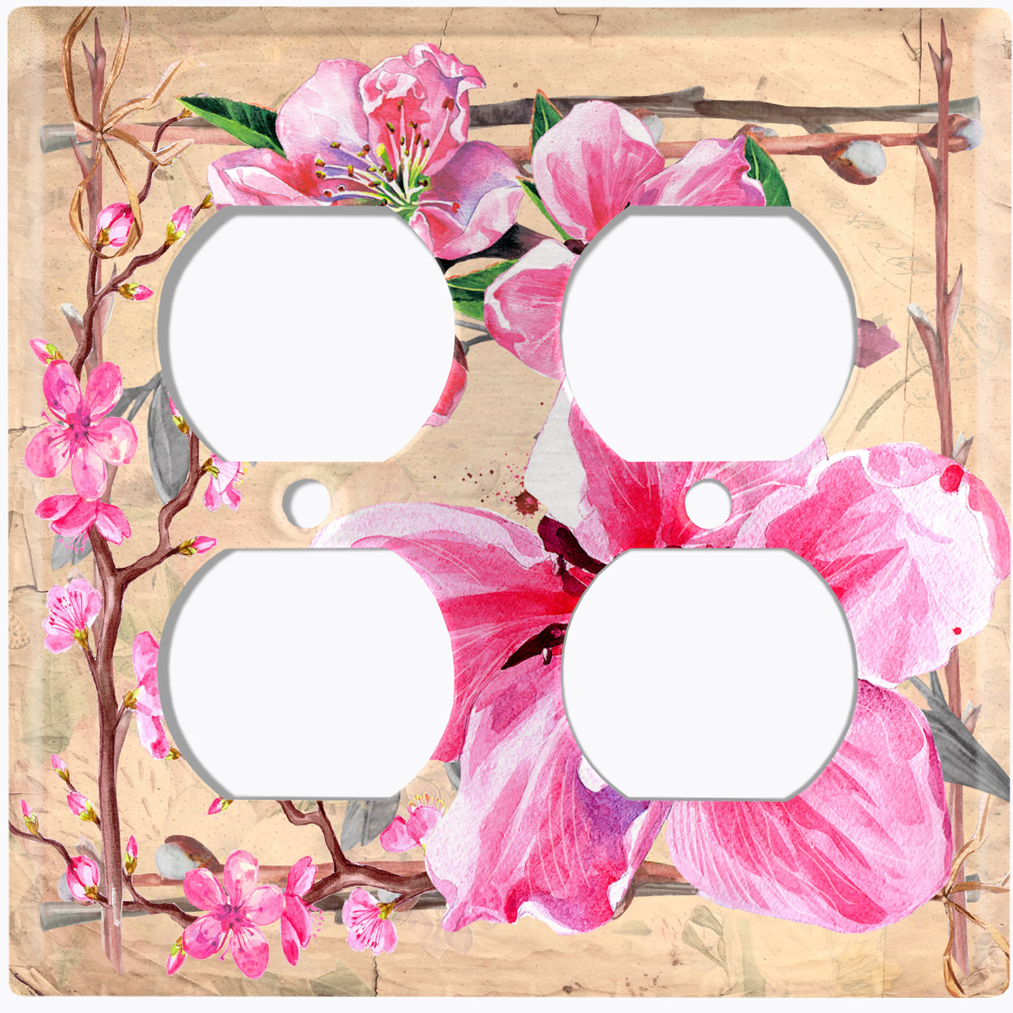 WorldAcc Vintage Pink Flower Branch Beige 2-Gang Duplex Outlet Wall ...
