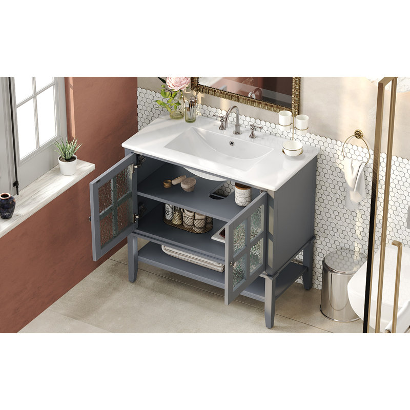 Meuble-lavabo 36 po avec lavabo en céramique, Gris