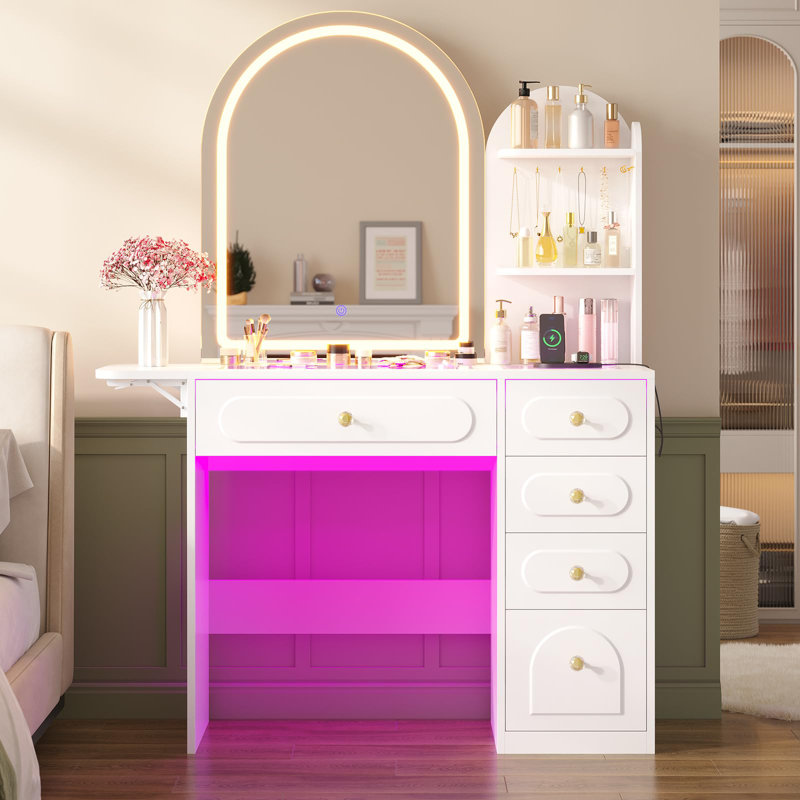 Vanity Desk With Large Mirror And Led Lights, 63"H Makeup Vanity With 5 Drawers, Shelves, Fold-Up Panel, Dressing Table With Rgb Glass Top And Charging Station For Bedroom, 3 Color Modes