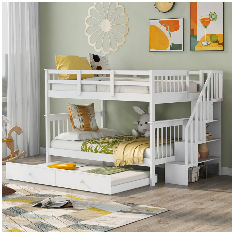 Lit superposé double avec lit gigogne, rangement et barrière de sécurité pour chambre à coucher, dortoir Stairway, Blanc