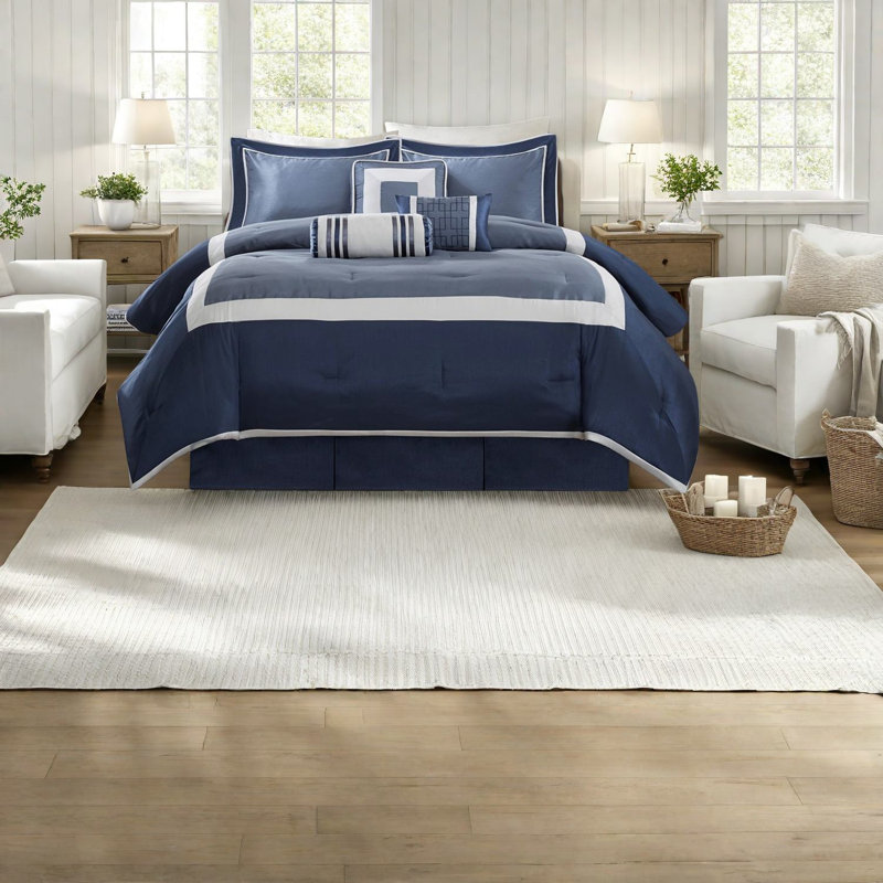 Ensemble de literie bleu marine élégant, polyester hypoallergénique, style hôtel moderne pour la maison