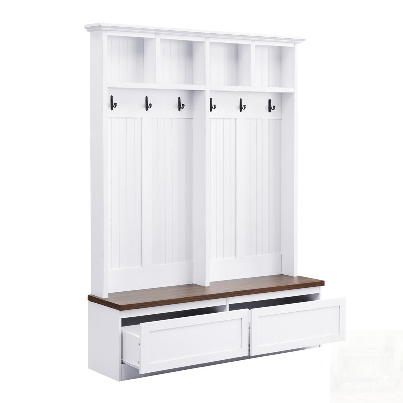 Farmhouse 4-In-1 Hall Tree With Wood Grain Bench And 2 Large Drawers, Versatile Mudroom Organizer For Entryway