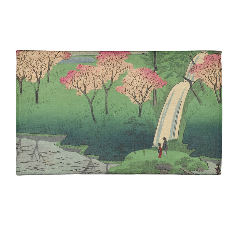 Tapis rose/vert chiyogaike étang avec fleurs, Rectangle 3 pi x 5 pi