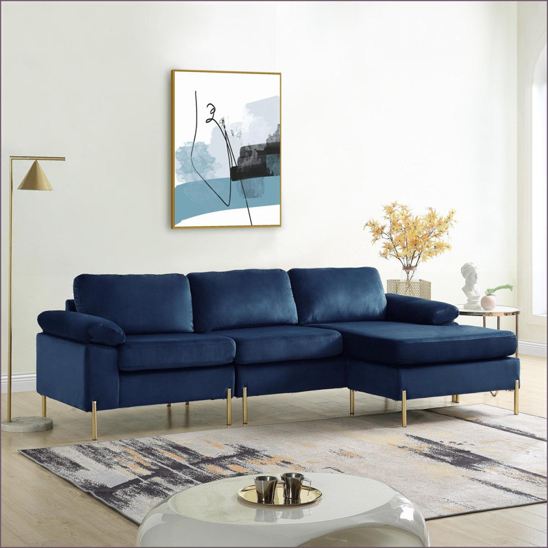 Canapé modulaire avec méridienne, style Mid-Century moderne pour les soirées cinéma | Velours | Bleu marine, Bleu