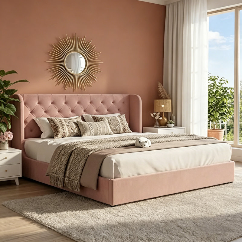 Kewania Bed，Upholstered Platform Bed with Curved Velvet Wingback, Queen, Pink