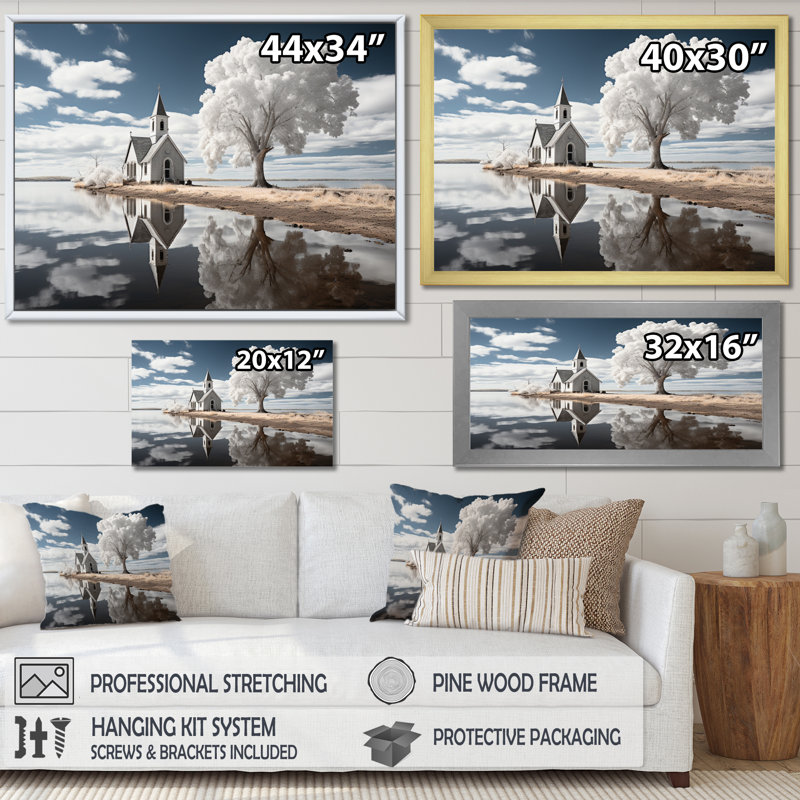 "Landscape Church Sacred Reflections II", reproduction d'art sur toile, Cadre photo noir, H 16 po x l 32 po x P 1 po