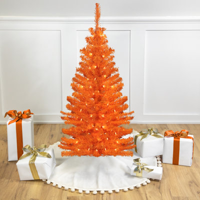Pre-Lit Medium Artificial Pine Christmas Tree - Orange - Clear Lights