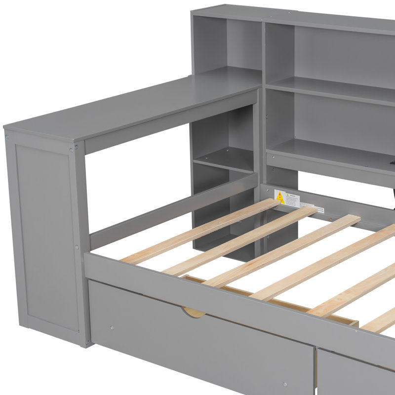 Lit plateforme simple en bois avec tête de lit tapissier, tablettes de rangement, 2 tiroirs, charge, bureau à DEL et bureau, plateforme en mélange d'ombrage gris, rangement, station de charge, lumières, conception ombragée intégrée