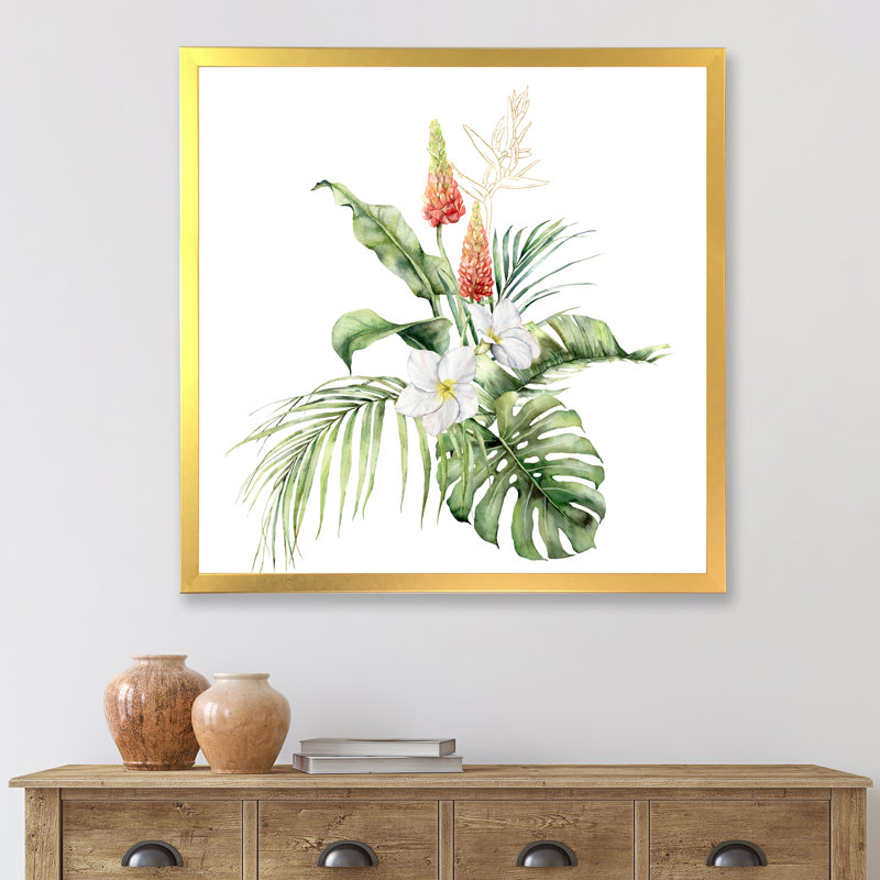 «Tropical Bouquet with Lupin Plumeria Palm Leaves», peinture sur toile encadrée, H 36 po x l 36 po x 1,5 po