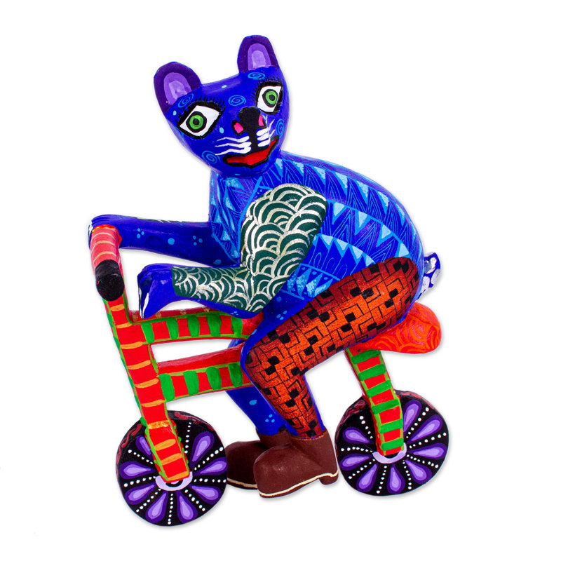 Novica Handmade Bicycle Cat Wool Alebrije Sculpture