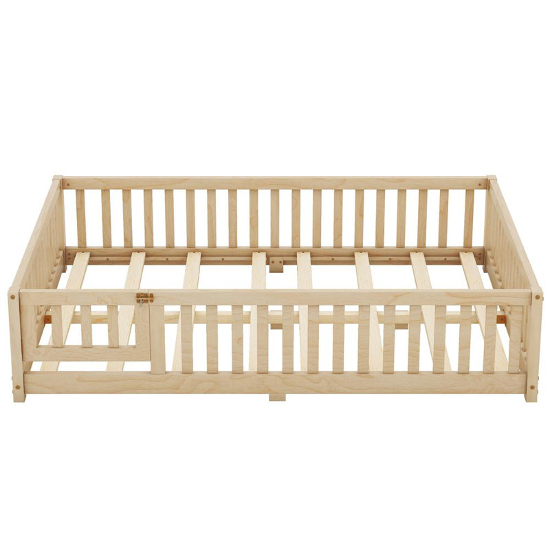 Floor Platform Bed with Fence, Natural, Full