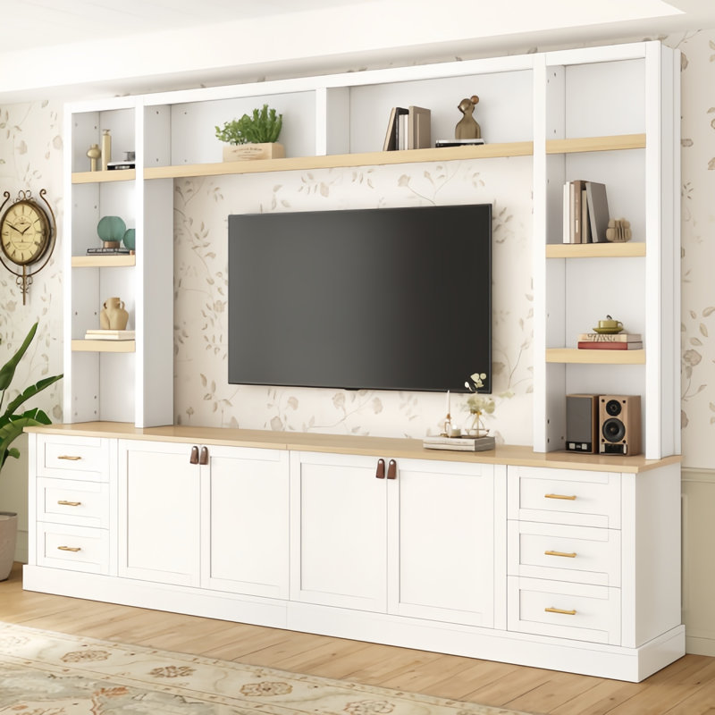 102" Wide Farmhouse Entertainment Center with Bookshelves,4-Piece Wall Unit for 75" TVs, High-End Wood Texture Media Console with 6 Drawers