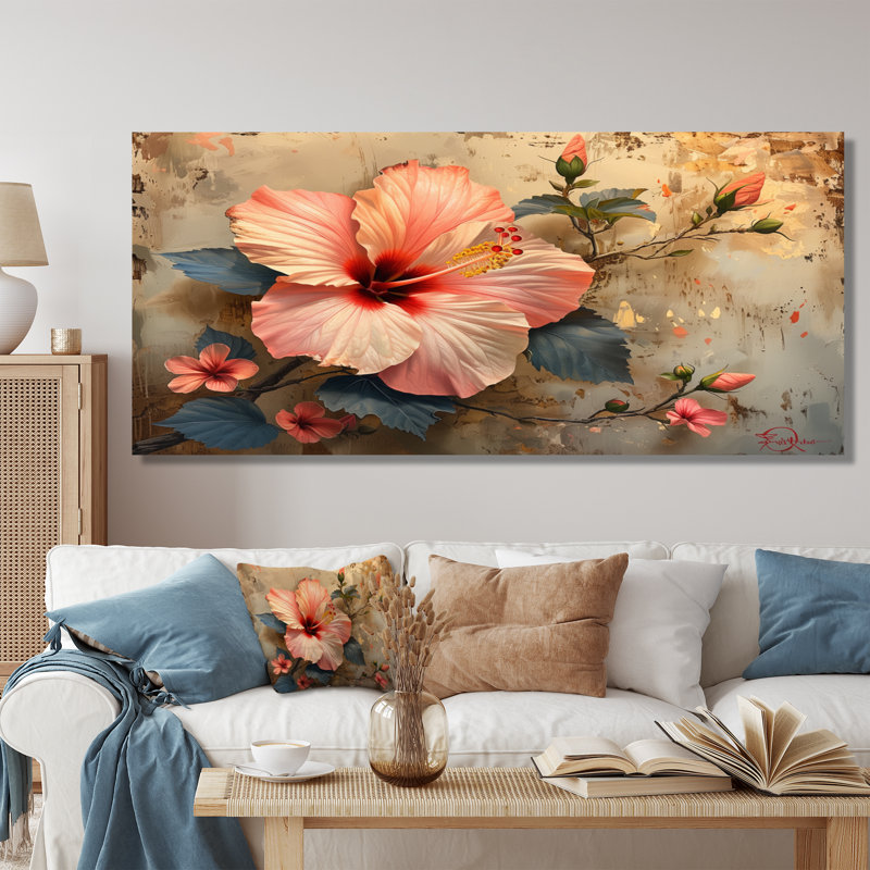 Hibiscus rétro rose et beige - Hibiscus Wall Art Living Room, Cadre photo blanc, H 12 po x l 20 po