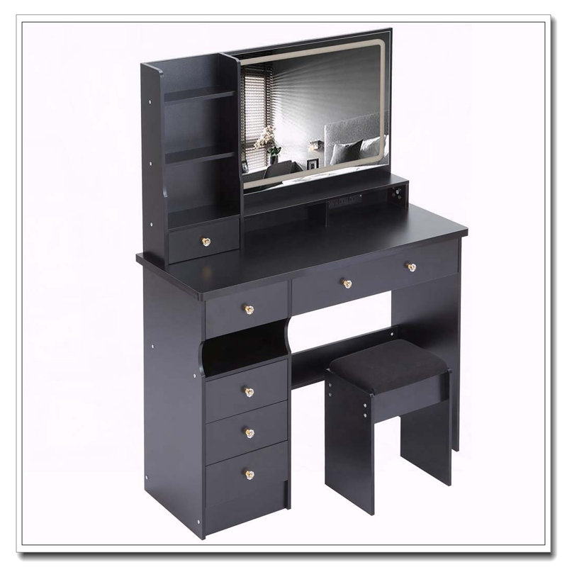 41" Large Size Vanity Table with LED Mirror, Power Station, Stool and Hair Dryer Stand, Black
