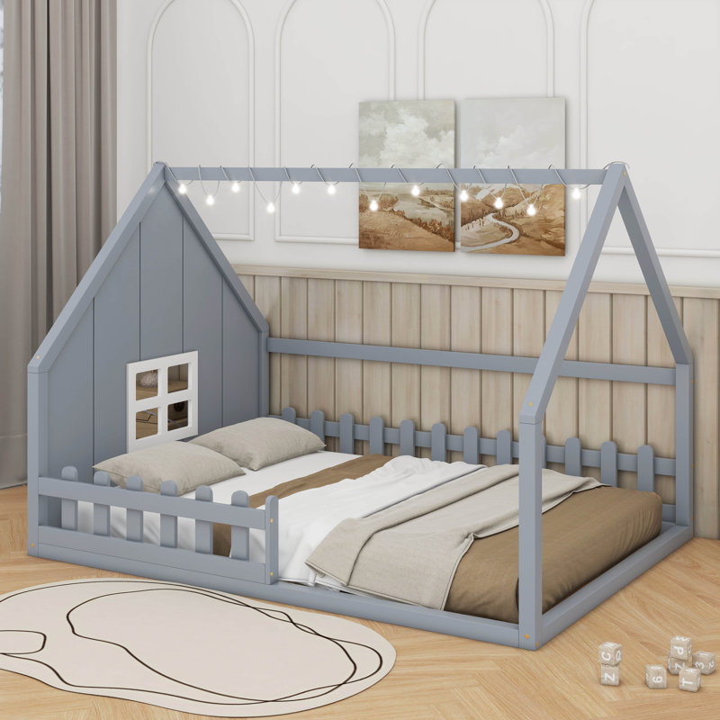 Lit en bois avec fenêtre et clôture, Gris