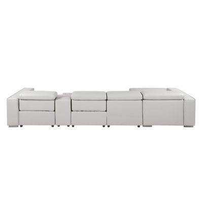 Canapé modulaire en L en cuir véritable 5 pièces gris clair avec 2 fauteuils inclinables électriques et appuis-tête réglables orientés vers la gauche