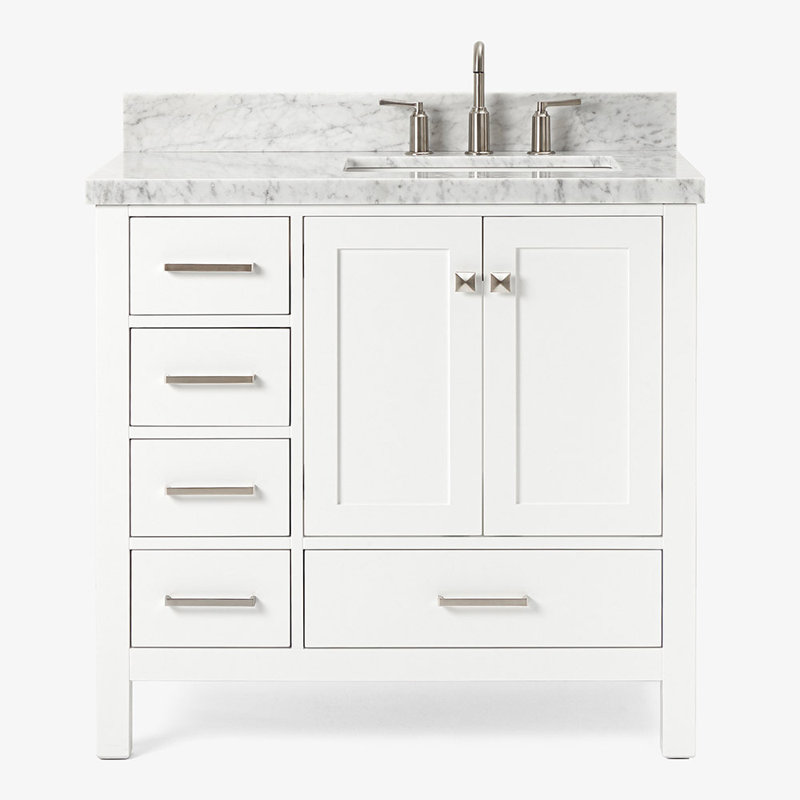 Cambridge 37'' W Single Vanity, Carrara Marble, Brushed Nickel, White