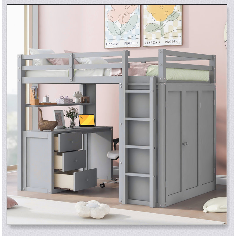 Loft Bed With Drawers,Desk,And Wardrobe, Gray