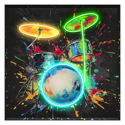 Vivid Neon Drum Art Canvas Neon Wall Art - 37" x 37" - Black Frame