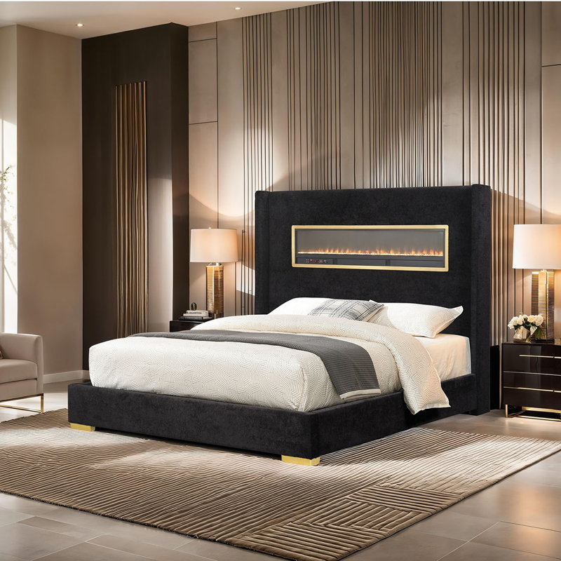 Foyer 3D de style contemporain pour chambre à coucher avec cadre de lit en tissu d'ameublement 1pc, Grand lit, Black