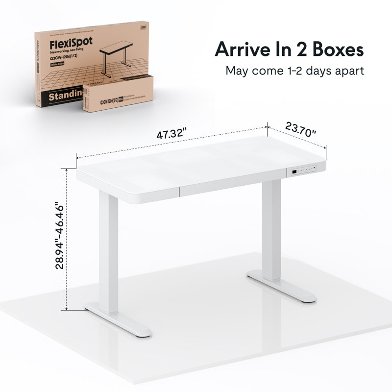 48'' W Adjustable Glass Electric Standing Desk with Drawer, USB Ports, White