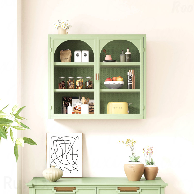 27.56" Green Modern Two-Door Wall Cabinet with Glass Doors - Three-Tier Storage, Woven Pattern, for Entryway & Bathroom