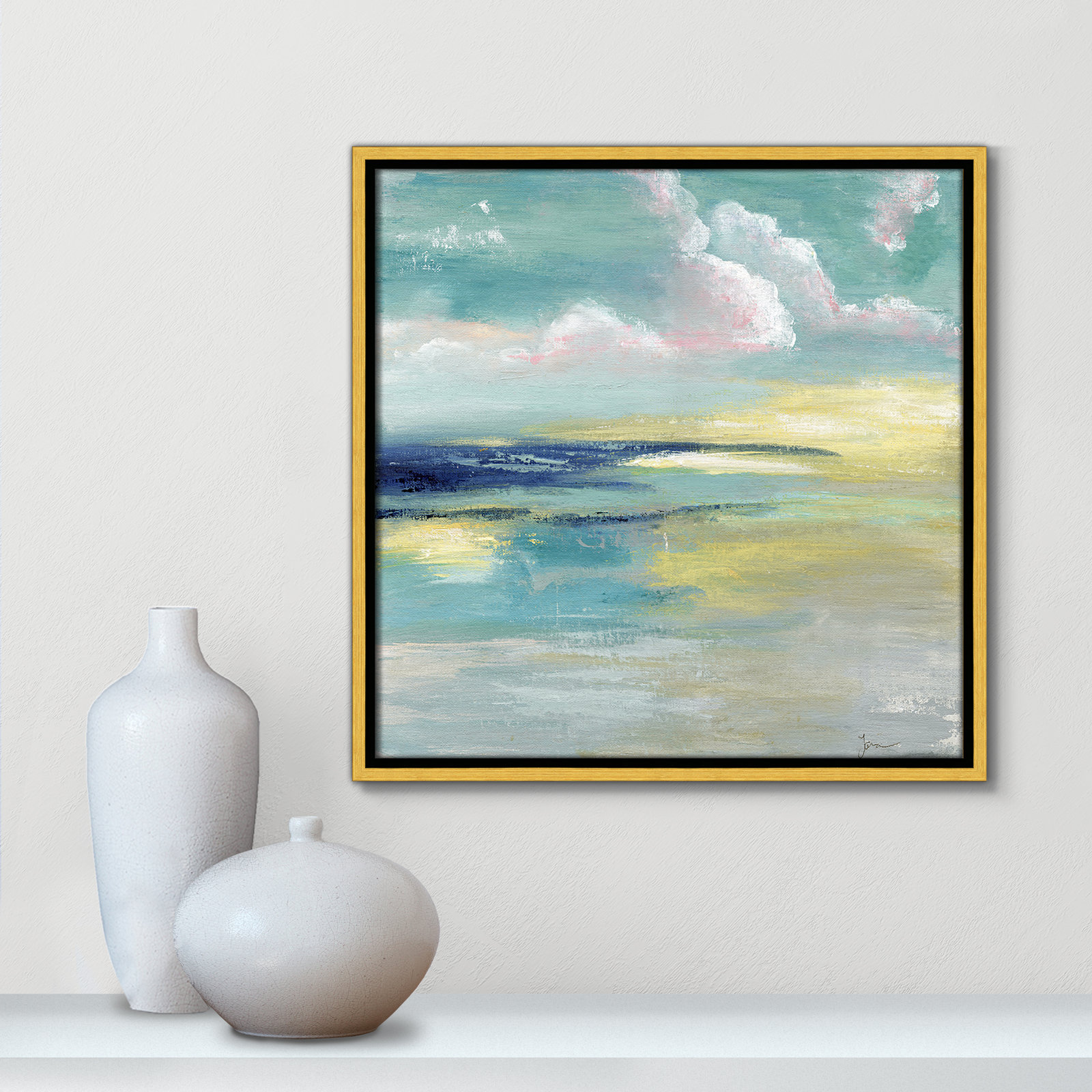 Bertie "Ocean View" Painting by Tava Studios, 17.5" H x 17.5" W x 2" D, Gold Framed Canvas