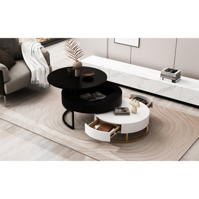 Tables basses modernes avec 2 tiroirs, plateau relevable et gigogne, blanc et noir Intrigue Modernité