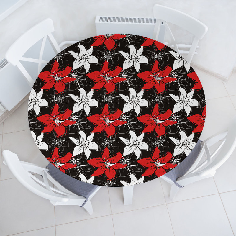 Ambesonne Floral Fitted Round Tablecloth Vermilion White Black, 64.17" Round