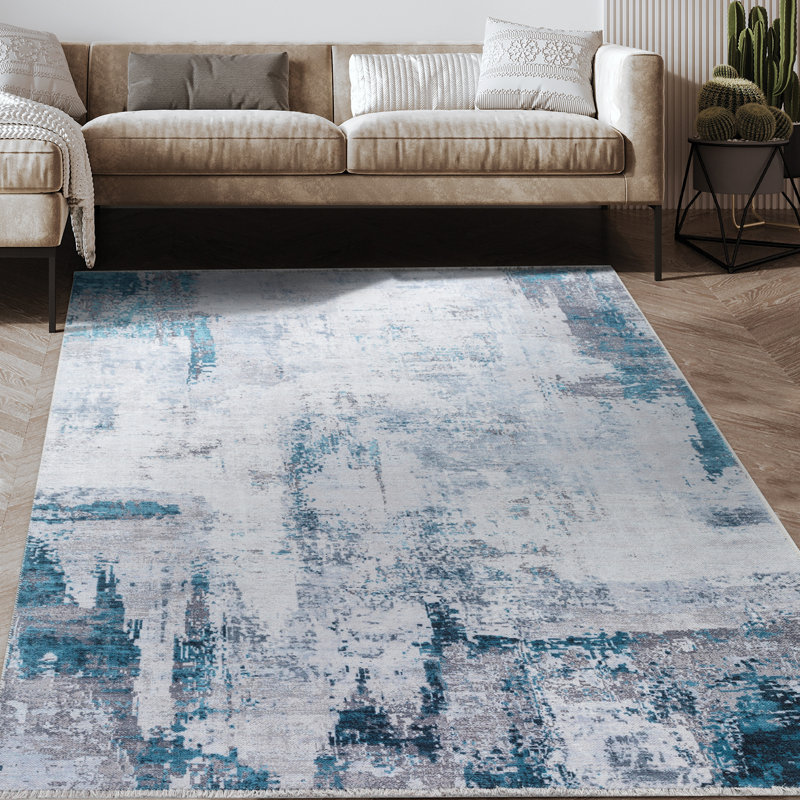 Tapis bleu abstrait en chenille tissé à la machine Penstarre, Rectangle 4 pi x 6 pi