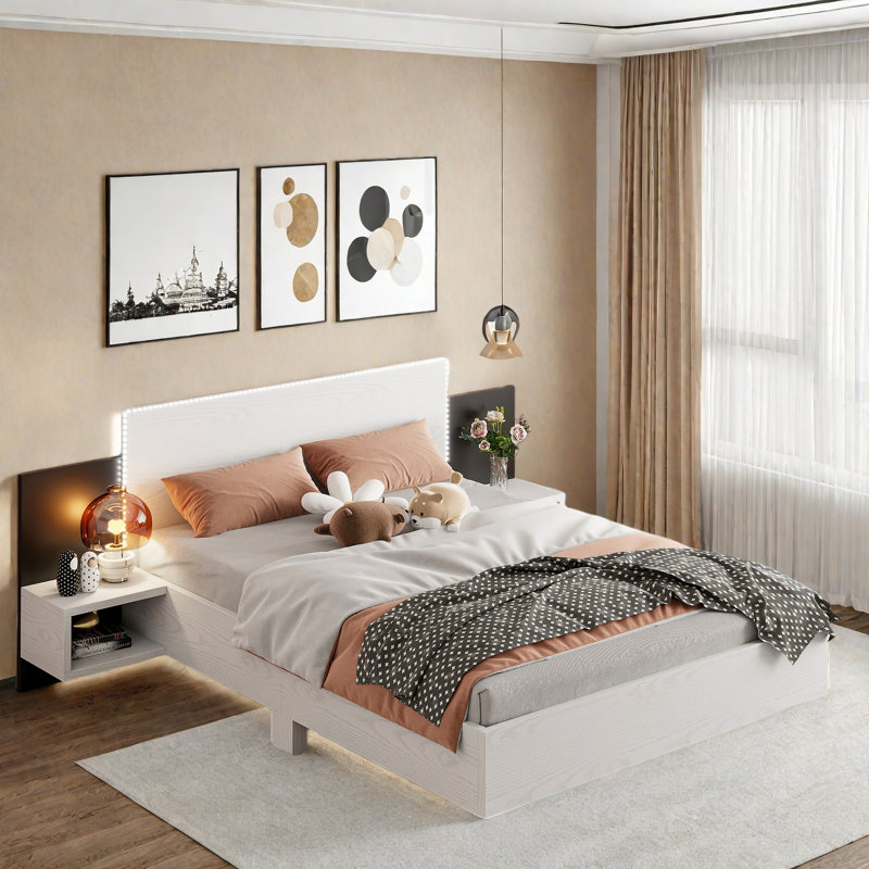 Wooden Floating Platform Bed With Led Lights And Built-in Nightstands, White, Queen