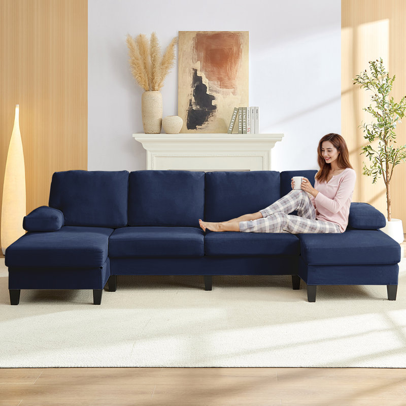 110" Corduroy Sectional Sofa with 2 Ottomans – High-Resilience Foam, Wood Legs, 4-Seat Design, Blue