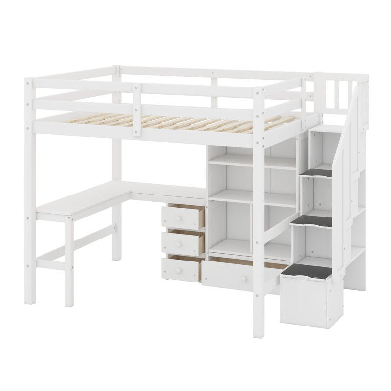 Lit mezzanine avec bureau en L et tiroirs, armoire et escalier de rangement, Blanc