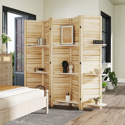 Paravent de chambre à coucher en bois naturel, 5 panneaux de 170 cm de hauteur, avec 3 étagères et rangement pliable, occultant et 3 étagères.