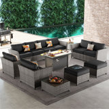 Cassville 8 - Person Patio Furniture Set, Outdoor Wicker Rattan Sectional Seating Group with Cushions, All Weather Sofa Conversation Set with Optional Fire Pit Table for Garden Backyard